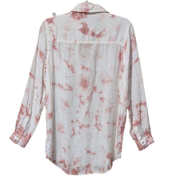 Rachel Zoe long line tunic 100% linen tie dye white pink button blouse top M - Picture 2 of 8